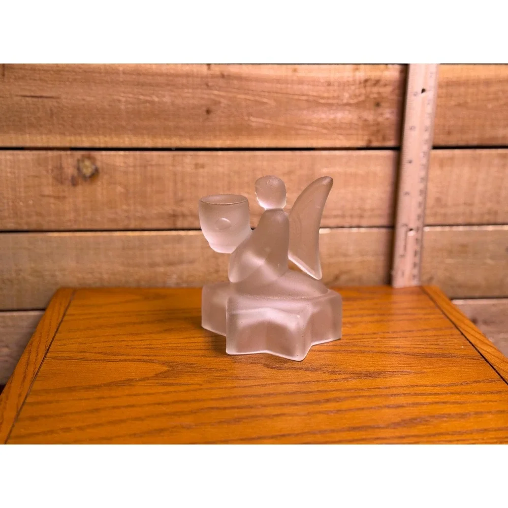 Vintage Frosted Glass Angel on Star Candlestick Holder 4.5 in